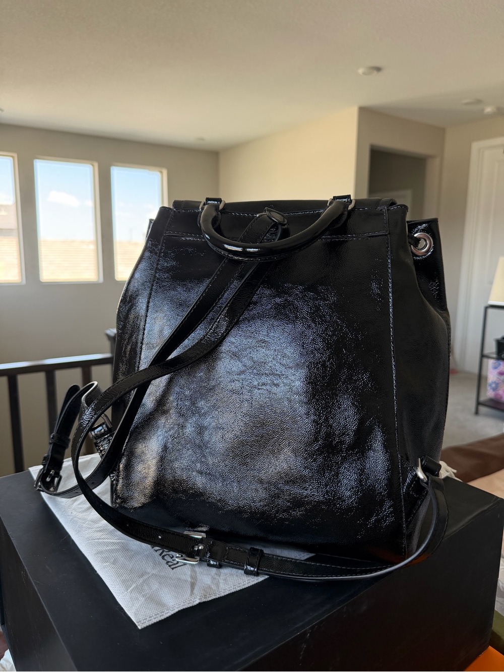 NWT Michael Kors Black Patent Leather Backpack Handbag - Picture 2 of 3